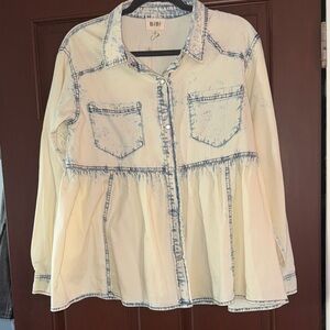 BiBi Cream and Blue Denim Peplum Shirt